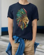 Lion Spirit T-Shirt Majestic Warrior Feather Art Tee - model wearing navy tee with hands in pockets