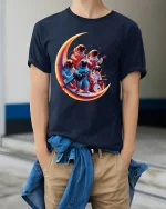 Space Rock Band T-Shirt Cool Astronaut Music Graphic Tee - model wearing navy tee with hands in pockets