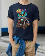 Biker Owl T-Shirt Cool Motorcycle Bird Graphic Tee - model wearing navy tee with hands in pockets