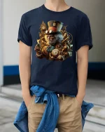 Steampunk Gentleman T-Shirt Vintage Clockwork Art Tee - model wearing navy tee with hands in pockets