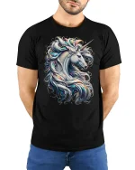 Majestic Unicorn T-Shirt Beautiful Fantasy Art Tee - model wearing black tee with hands behind back
