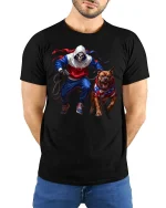 Skull Runner T-Shirt with American Pitbull Art Tee - model wearing black tee with hands behind back
