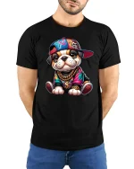 Hip Hop Bulldog T-Shirt Cool Street Style Dog Tee - model wearing black tee with hands behind back