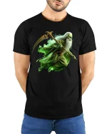 Green Reaper T-Shirt Dark Fantasy Warrior Graphic Tee - model wearing black tee with hands behind back