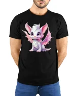 Cute Baby Dragon T-Shirt Adorable Fantasy Art Tee - model wearing black tee with hands behind back