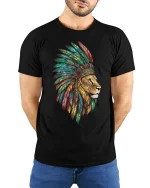 Lion Spirit T-Shirt Majestic Warrior Feather Art Tee - model wearing black tee with hands behind back