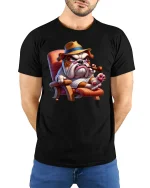 Cool Bulldog T-Shirt Funny Dog Smoking Cigar Tee - model wearing black tee with hands behind back