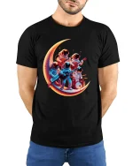 Space Rock Band T-Shirt Cool Astronaut Music Graphic Tee - model wearing black tee with hands behind back