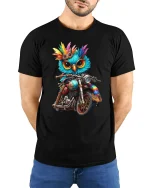Biker Owl T-Shirt Cool Motorcycle Bird Graphic Tee - model wearing black tee with hands behind back