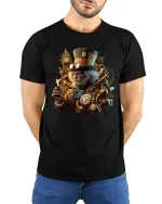 Steampunk Gentleman T-Shirt Vintage Clockwork Art Tee - model wearing black tee with hands behind back