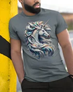 Majestic Unicorn T-Shirt Beautiful Fantasy Art Tee - model wearing grey tee, leaning on column
