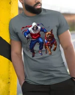 Skull Runner T-Shirt with American Pitbull Art Tee - model wearing grey tee, leaning on column