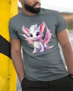 Cute Baby Dragon T-Shirt Adorable Fantasy Art Tee - model wearing grey tee, leaning on column