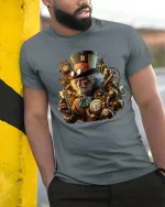 Steampunk Gentleman T-Shirt Vintage Clockwork Art Tee - model wearing grey tee, leaning on column