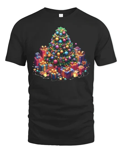 Festive Christmas Tree Gifts Art Tee for Holiday Cheer - black t-shirt on white background