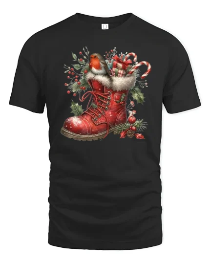 Festive Robin Boot Christmas Tee With Holiday Gifts Design - black t-shirt on white background