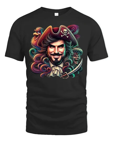 Legendary Pirate Captain Skull Art Graphic T-Shirt Tee - black t-shirt on white background