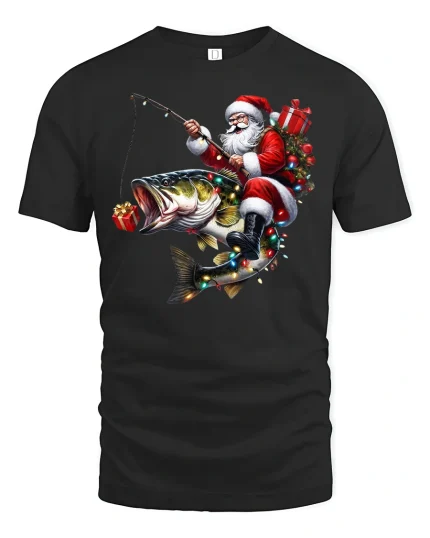 Santa Fishing Ride Tee for Christmas Fun Holiday T-Shirt - black t-shirt on white background