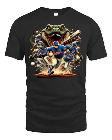 Gator Charge Baseball Action Tee for Ultimate Fans - black t-shirt on white background