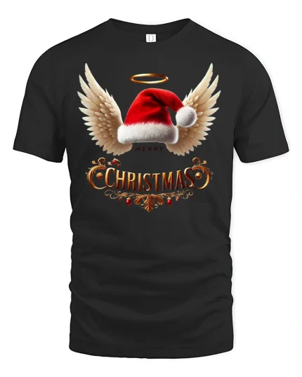 Angel Wings Santa Hat Merry Christmas Tee Holiday Spirit - black t-shirt on white background