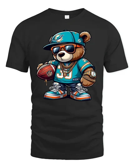 Cool Football Bear Swag Tee with Chains and Street Style Art - black t-shirt on white background