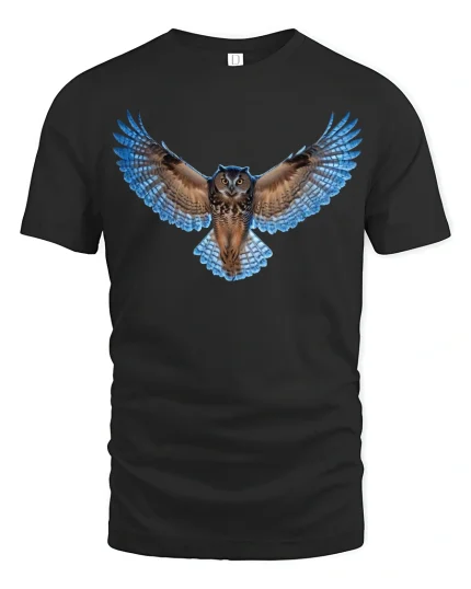 Majestic Blue Owl Wings Spirit Wildlife Art Tee - black t-shirt on white background