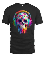 Colorful Music Skull Tee with Headphones Dripping Art Design - black t-shirt on white background