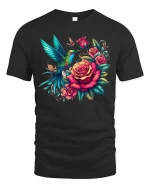 Hummingbird Rose Garden Tee - Vibrant Floral Nature Art Tshirt - black t-shirt on white background