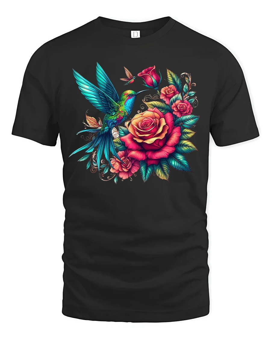 Hummingbird Rose Garden Tee - Vibrant Floral Nature Art Tshirt - 1 Hummingbird Rose Garden Tee - Vibrant Floral Nature Art Tshirt - black t-shirt on white background