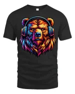 Colorful Bear Headphones Tee for Music Lovers Graphic Tshirt - black t-shirt on white background