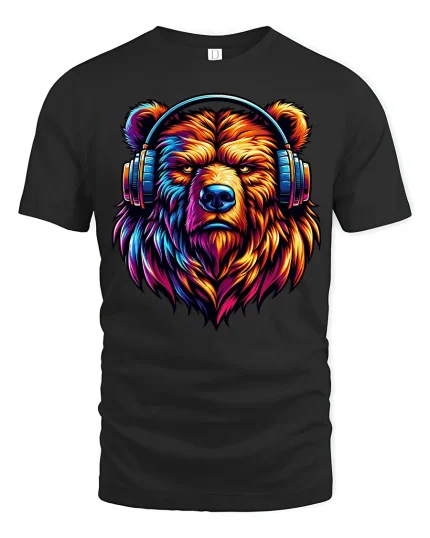 Colorful Bear Headphones Tee for Music Lovers Graphic Tshirt - black t-shirt on white background