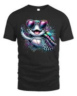Cool Rainbow Turtle Sunglasses Tee for Fun Beach Summer Vibes - black t-shirt on white background