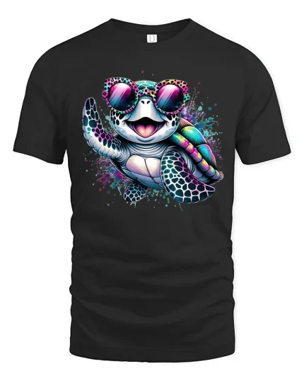 Cool Rainbow Turtle Sunglasses Tee for Fun Beach Summer Vibes - black t-shirt on white background