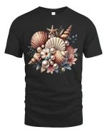 Vintage Seashell Bouquet Art Tee with Ocean Pearl Accents - black t-shirt on white background