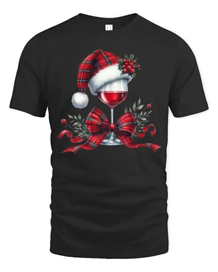 Christmas Wine Lover Tee - Festive Santa Hat Holiday Tshirt - black t-shirt on white background