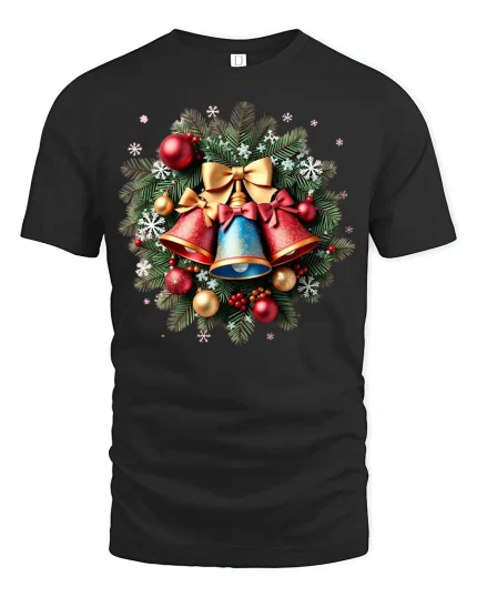 Christmas Wreath Bells Tee - Festive Holiday Ornament Tshirt - black t-shirt on white background