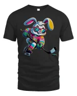 Cool Hockey Bunny Tee - Fun Colorful Ice Skating Player Tshirt - black t-shirt on white background