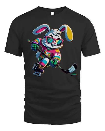 Cool Hockey Bunny Tee - Fun Colorful Ice Skating Player Tshirt - black t-shirt on white background