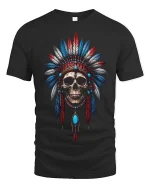 Tribal Skull Headdress Warrior Art Tee for Bold Style Lovers - black t-shirt on white background