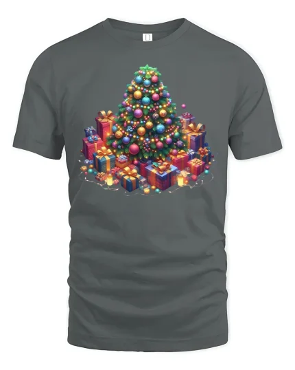 Festive Christmas Tree Gifts Art Tee for Holiday Cheer - gray t-shirt on white background