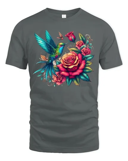 Hummingbird Rose Garden Tee - Vibrant Floral Nature Art Tshirt - gray t-shirt on white background