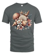 Vintage Seashell Bouquet Art Tee with Ocean Pearl Accents - gray t-shirt on white background