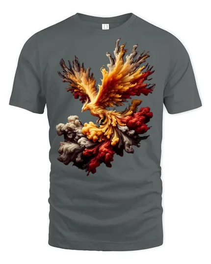 Fiery Phoenix Rising Tee - Powerful Flame Bird Art Tshirt - gray t-shirt on white background
