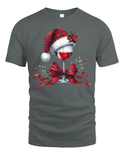 Christmas Wine Lover Tee - Festive Santa Hat Holiday Tshirt - gray t-shirt on white background