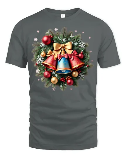Christmas Wreath Bells Tee - Festive Holiday Ornament Tshirt - gray t-shirt on white background