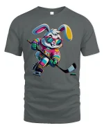 Cool Hockey Bunny Tee - Fun Colorful Ice Skating Player Tshirt - gray t-shirt on white background