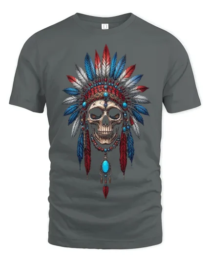 Tribal Skull Headdress Warrior Art Tee for Bold Style Lovers - gray t-shirt on white background