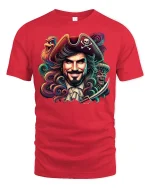 Legendary Pirate Captain Skull Art Graphic T-Shirt Tee - red t-shirt on white background