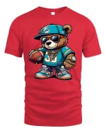 Cool Football Bear Swag Tee with Chains and Street Style Art - red t-shirt on white background