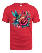 Hummingbird Rose Garden Tee - Vibrant Floral Nature Art Tshirt - red t-shirt on white background